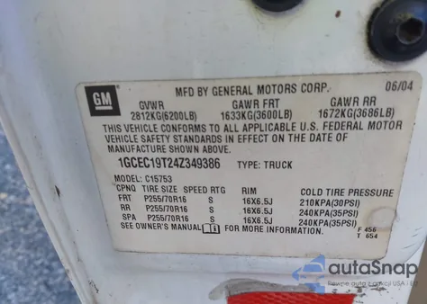 2004 Chevrolet Silverado 1500 Ls from USA, damaged, VIN 1GCEC19T24Z349386